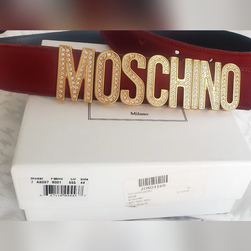 Moschino burgundy red velvet belt with gold/diamonds letters.